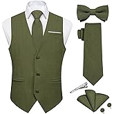DiBanGu Mens Linen Suit Vest Casual Waistcoat and Necktie & Pre-tied Bowtie Set 6PCS Solid Color Dress Vest for Wedding Party