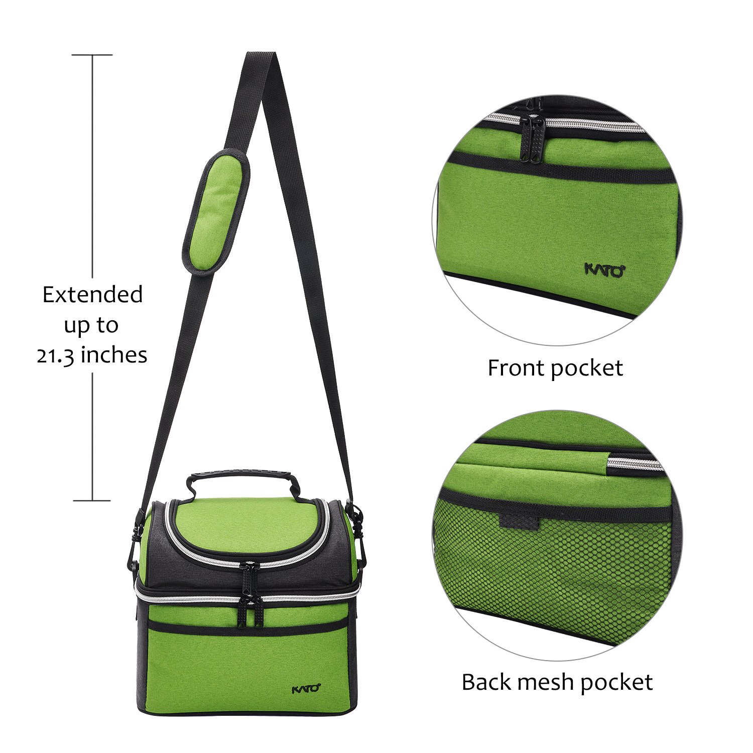 Kato Insulated Lunch Bag, Leakproof Thermal Bento Cooler Tote for Women and Men, Dual Compartment with Shoulder Strap and Front Pocket, Oxford Cloth, Green