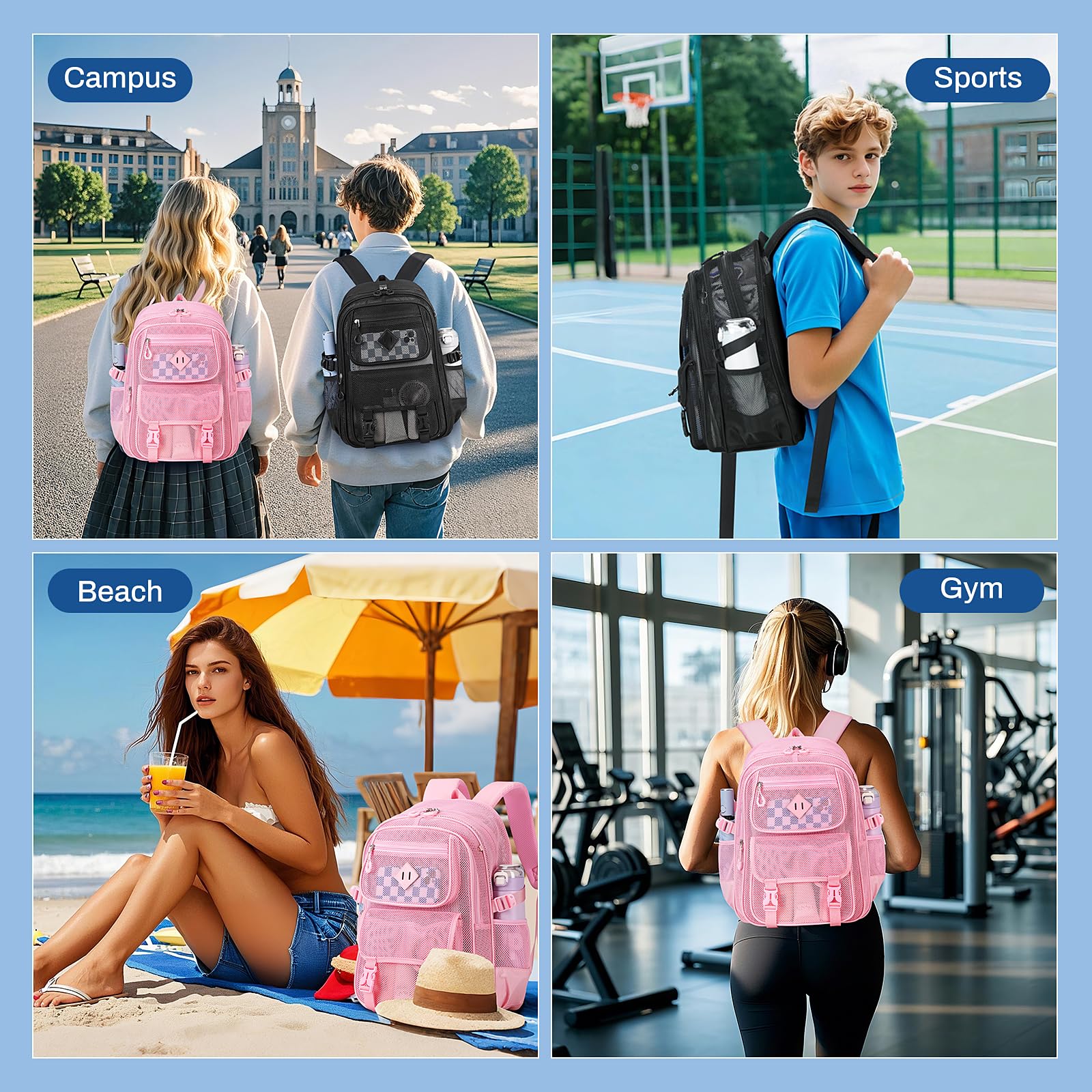 Mesh Backpack, 17in Heavy Duty See Through Backpack Ultra-Lightweight Net Bookbag Breathable Transparent Beach Backpacks for School Sports Gym, Black