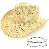 Men's Women's Straw Cowboy Hat, Western Cowgirl Hat, Wide Brim Hollow Out Sun Beach Hat with Three Decorative Bands