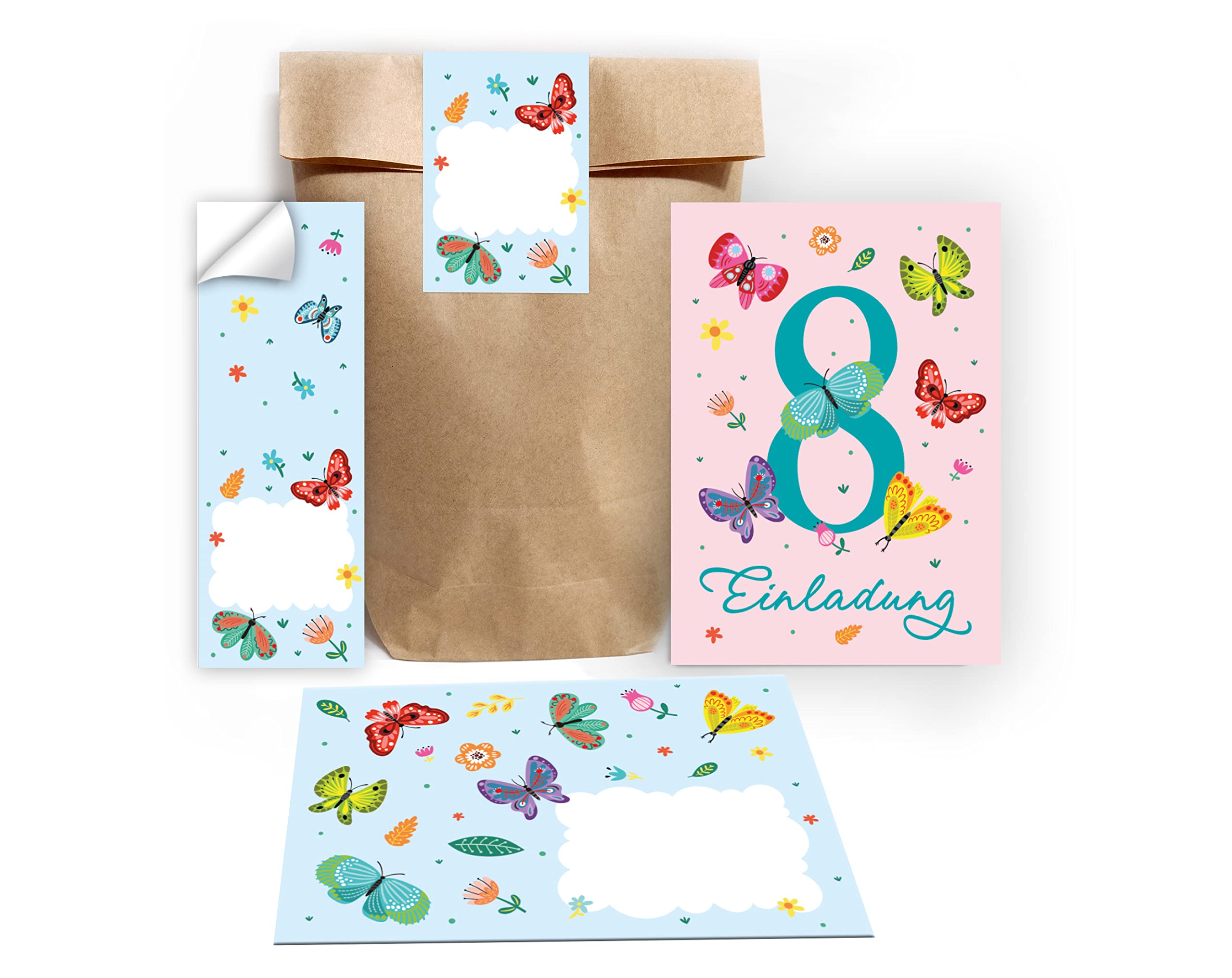 Junapack 8th Birthday Invitations for Children's 8th Birthday Girl Butterflies Including 12 Envelopes 12 Bags Natural 12 Stickers