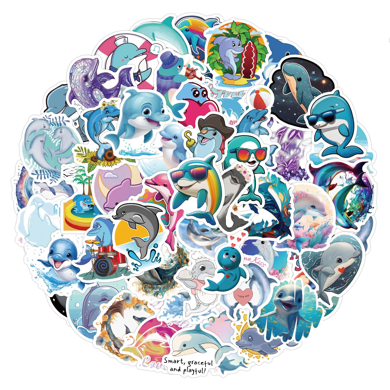 60Pcs Dolphin Stickers Laptop Car Scrapbook Phone Skateboard Suitcase Luggage Bike Dolphin Stickers Vinyl Waterproof Aesthetic Personalised Stickers for Teens Boys Girls Adults Children
