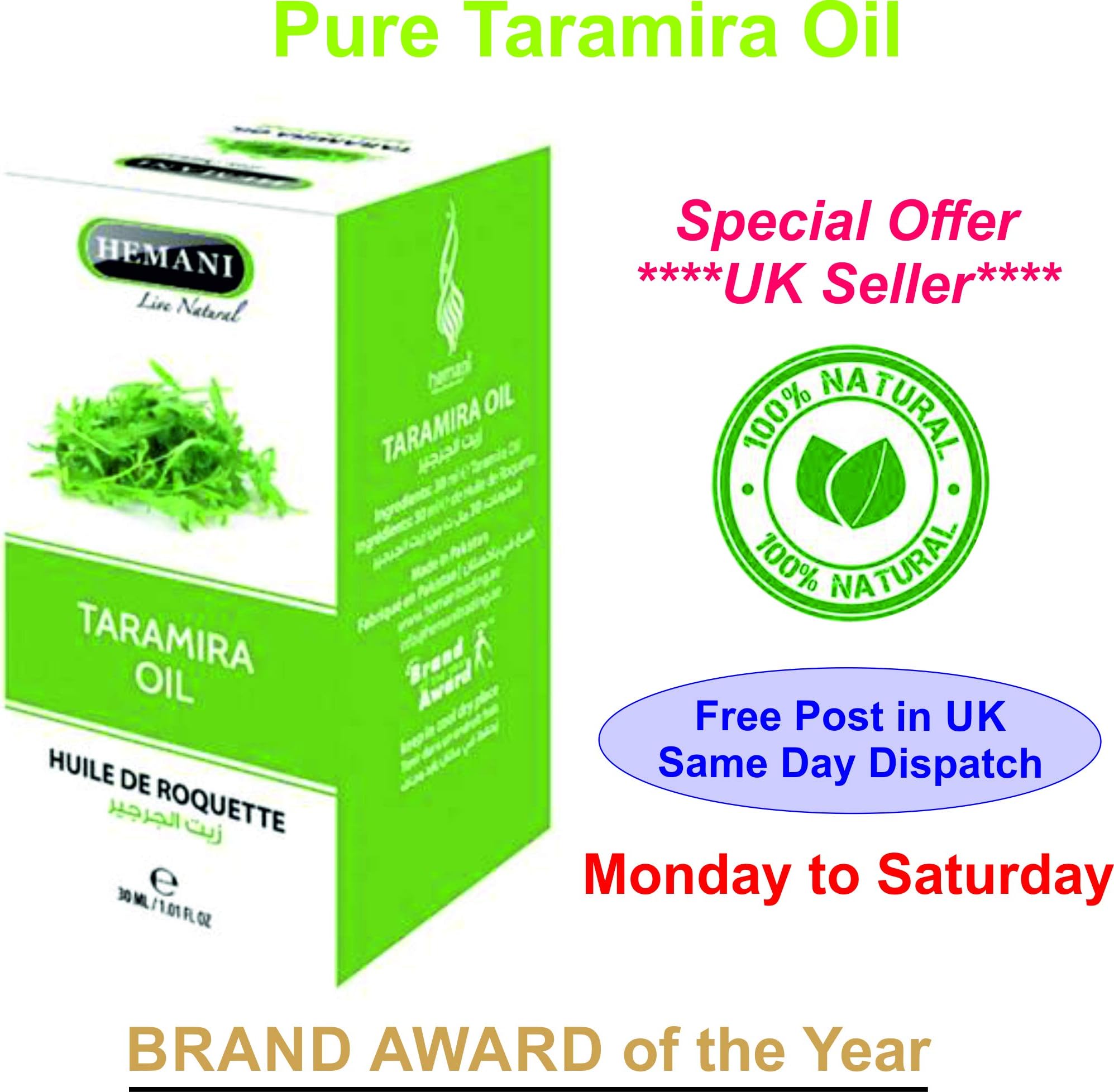Taramira Oil 100% Pure 30ml Natural Herbal Taramira Oil by Hemani Products 1x Pack