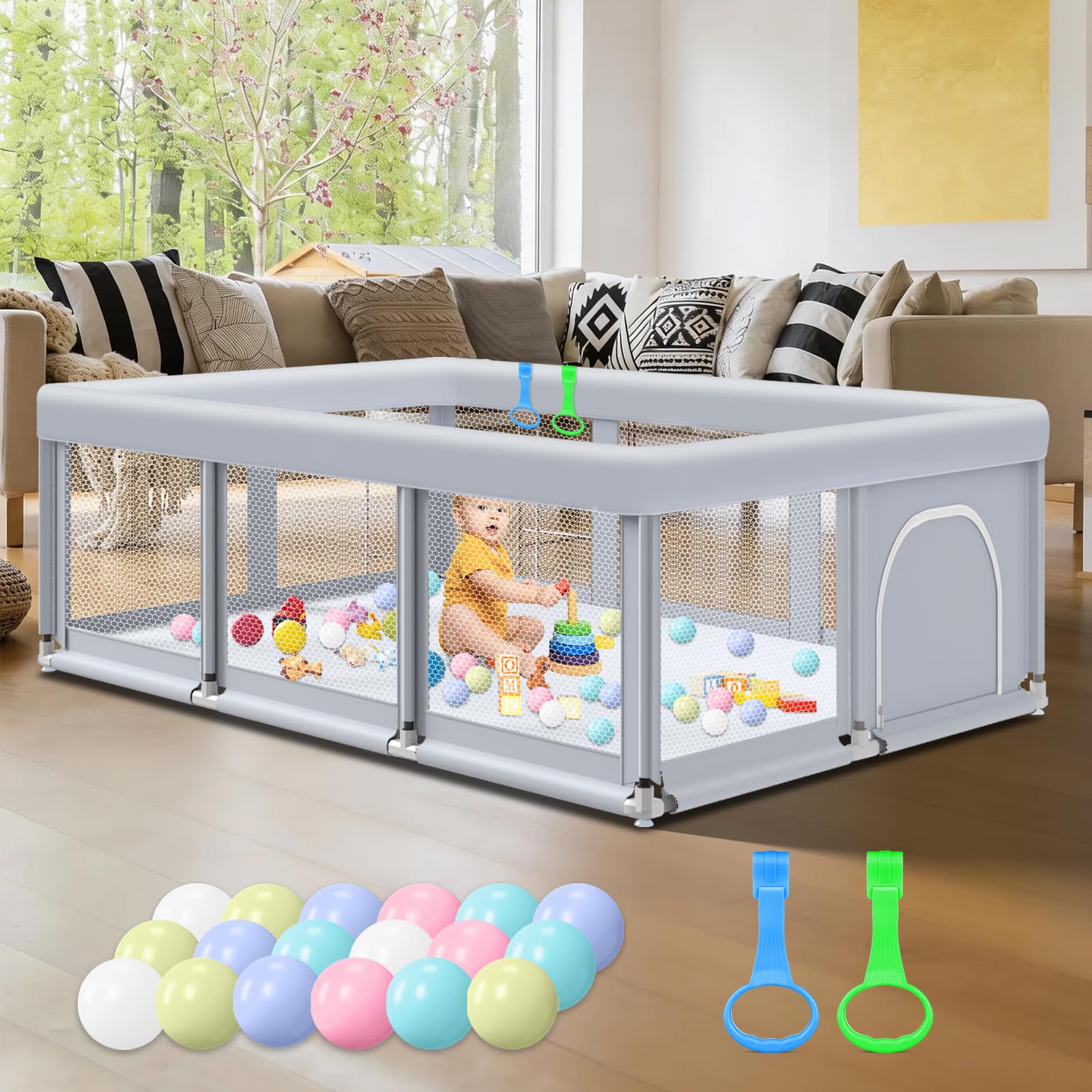 Photo 1 of Fshibila 74" ×50" Large Baby Playpen, Baby Playard for Babies and Toddlers, PlayPen for Indoor & Outdoor, Sturdy Safety Play Yard with Soft Breathable Mesh, Anti-Fall, Ball x 18, Handle x 2, Grey