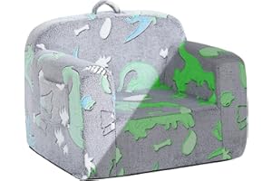 Welnow Kids Sofa Toddler Chair, Chirldren Couch with Side Pockets Glow in The Dark Kids Armchair with Removable Cover Carrying Handle Kids Read Sofa for Girl or Boy, Plush Dark Grey Dinosaur