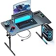 DOMICON Small Gaming Desk with LED Lights & Power Outlets, 39 Inch Computer Desk with Monitor Stand, PC Gaming Table with Carbon Fiber, Black