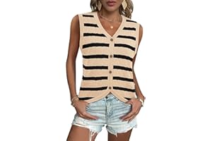LOOKBOHO Women V Neck Sweater Vest Cable Knit Button Down Striped Tank Top Casual Crochet Knitted Sleeveless Cardigan