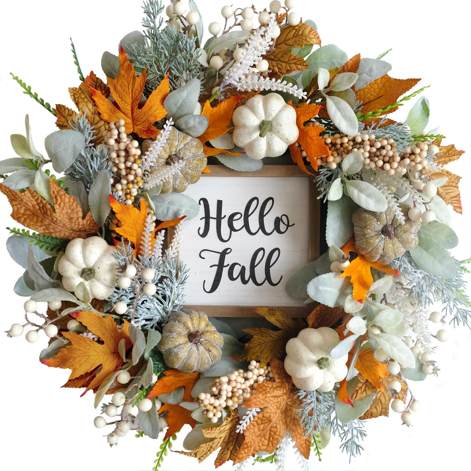 Photo 1 of CIR OASES 20inch Thanksgiving Fall Wreath, Eucalyptus Berries Pumpkins Lamb Ears Leaves Autumn Wreaths for Front Door, Fall Decor, Porch Wall, Home Outdoor Holiday Decorations Wreath for Autumn