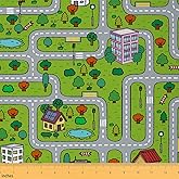 Feelyou Cartoon Car Road Fabric by The Yard, Kids Cars Vehicles Race Track Upholstery Fabric for Chairs Sofa Couch, Street Roadway Activity Outdoor Fabric Waterproof, 1 Yard, Gray Green