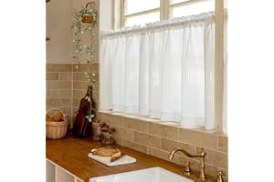 Jilron Short Kitchen Curtains Sheer Cafe Curtain with White Stripe Pattern for Window Over Sink, Privacy & Decorative Kitchen Blinds (White-25 W x 24" L-2 Panels)