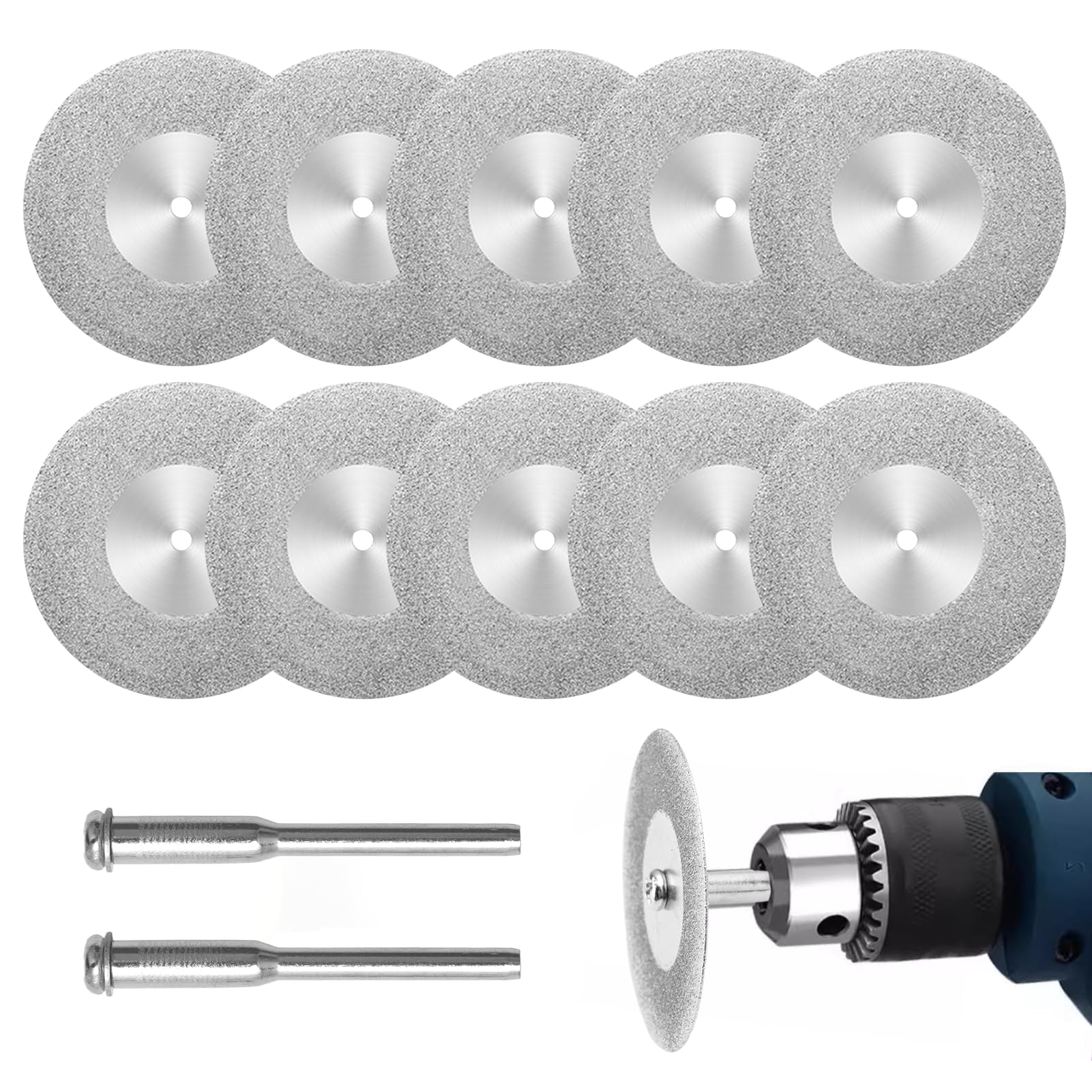 10PCS 40mm Diamond Cutting Discs with 2 Mandrels, Diamond Cutting Wheels Gemstones Glass Cutting Disks Shank Rotary Tool Accessories for Metal Glass Tile Ceramics Wood Porcelain Plastic Stones