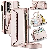 Strapurs Crossbody Wallet Case Compatible with Samsung Galaxy S22 Plus RFID Blocking Card Holder Soft PU Leather Magnetic Snap Strap Zipper Pocket Phone Case Fit for Galaxy S22+/ S22 Plus - Rose Gold