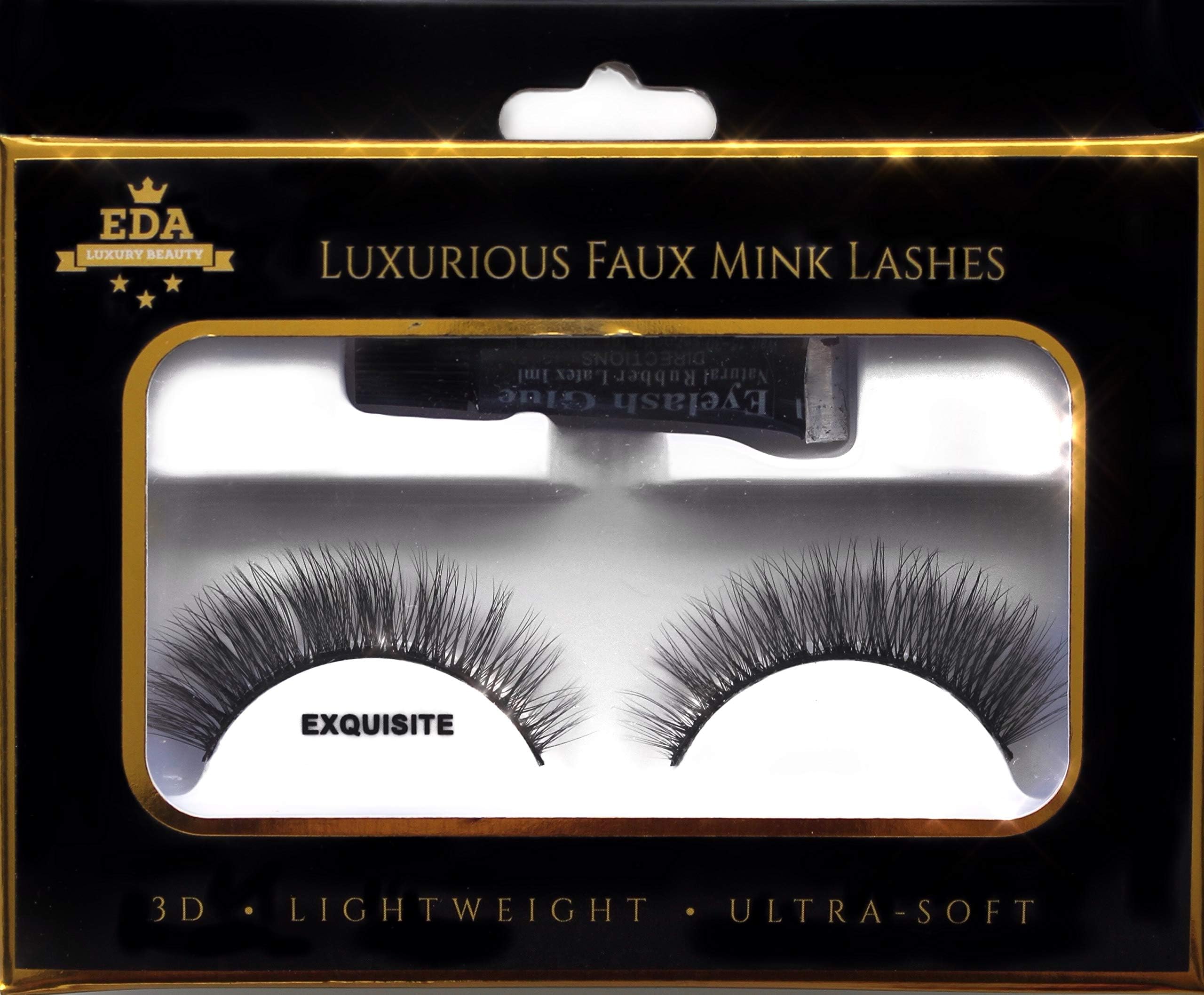 EDA LUXURY BEAUTY EXQUISITE 3D Faux Mink False Lashes | Super Soft Natural Look | Full Volume | Medium Long Length | Eyelash Extensions | Smokey Cat Eye Effect | Vegan & Cruelty-Free | Fake Eyelashes