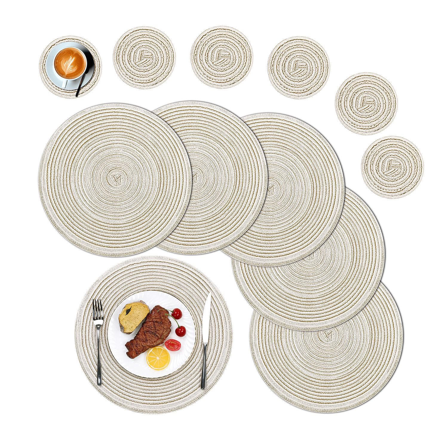 SHACOS Round Placemats and Coasters Set of 6, Round Braided Woven Place Mats Washable Table Mats and Coasters Sets Heat Resistant Table Mats for Kitchen Dining Table Home Restaurant, Cream