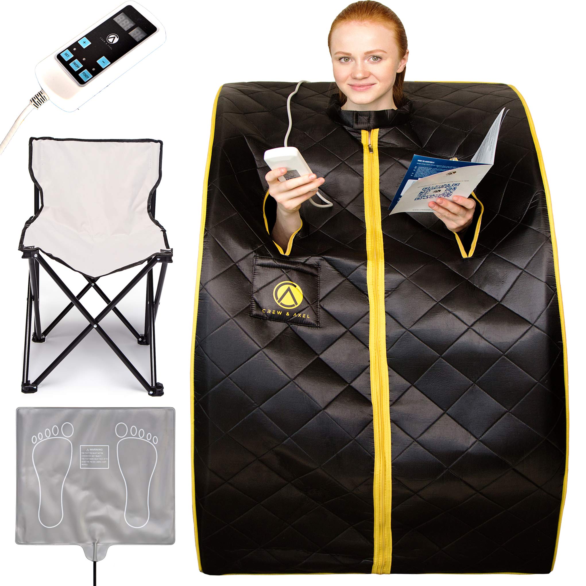 Crew &amp; Axel Infrared Sauna Individual Home Spa - Indoor Portable Sauna Set Includes a Heating Foot Pad &amp; Chair Obsidian Black Size Large (L 27.5” x W 33” x H 38”)