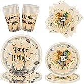 SINGOMON 68PCS Harry Wizard Party Plates and Cutlery Set Disposbale Plates and Cutlery Set Paper Cups Paper Plates and Napkin