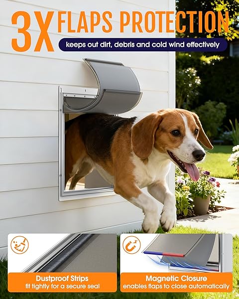 POWOOLS PET DOG DOOR FOR WALL – ROBUST STEEL PET DOOR WITH MAGNETIC TRIPLE FLAPS, 12.6″ X 10″ FLAP OPENING, ADJUSTABLE TUNNEL FOR 3.4″-6″ THICK PVC, WOOD, DRYWALL, FOR PETS UP TO 45LB, WHITE