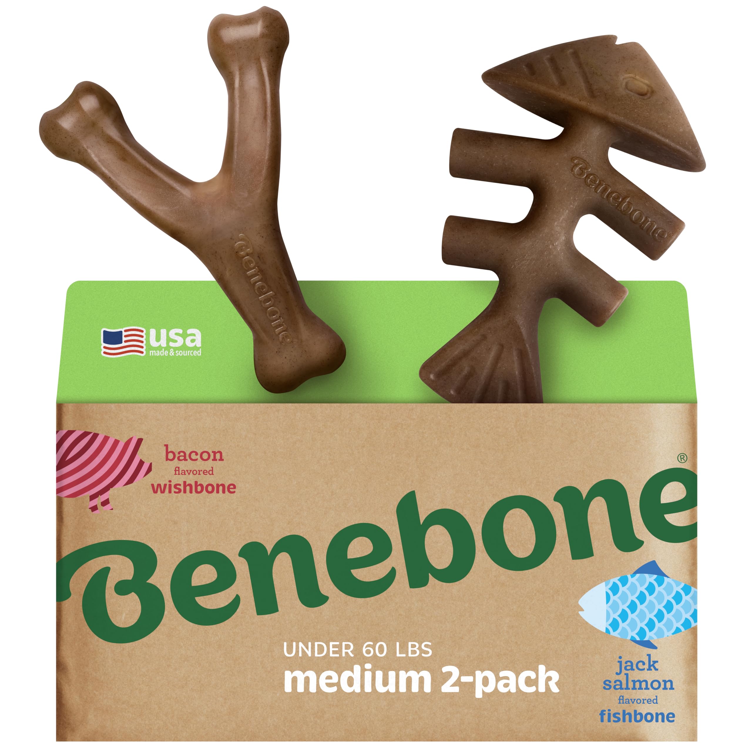 Benebone 2-Pack Indestructible Fishbone/Wishbone Dog Chew Toys, Long Lasting Tough Boredom Breaker for Dogs, Real Salmon and Real Bacon Flavour, For Medium Dogs, Made in USA