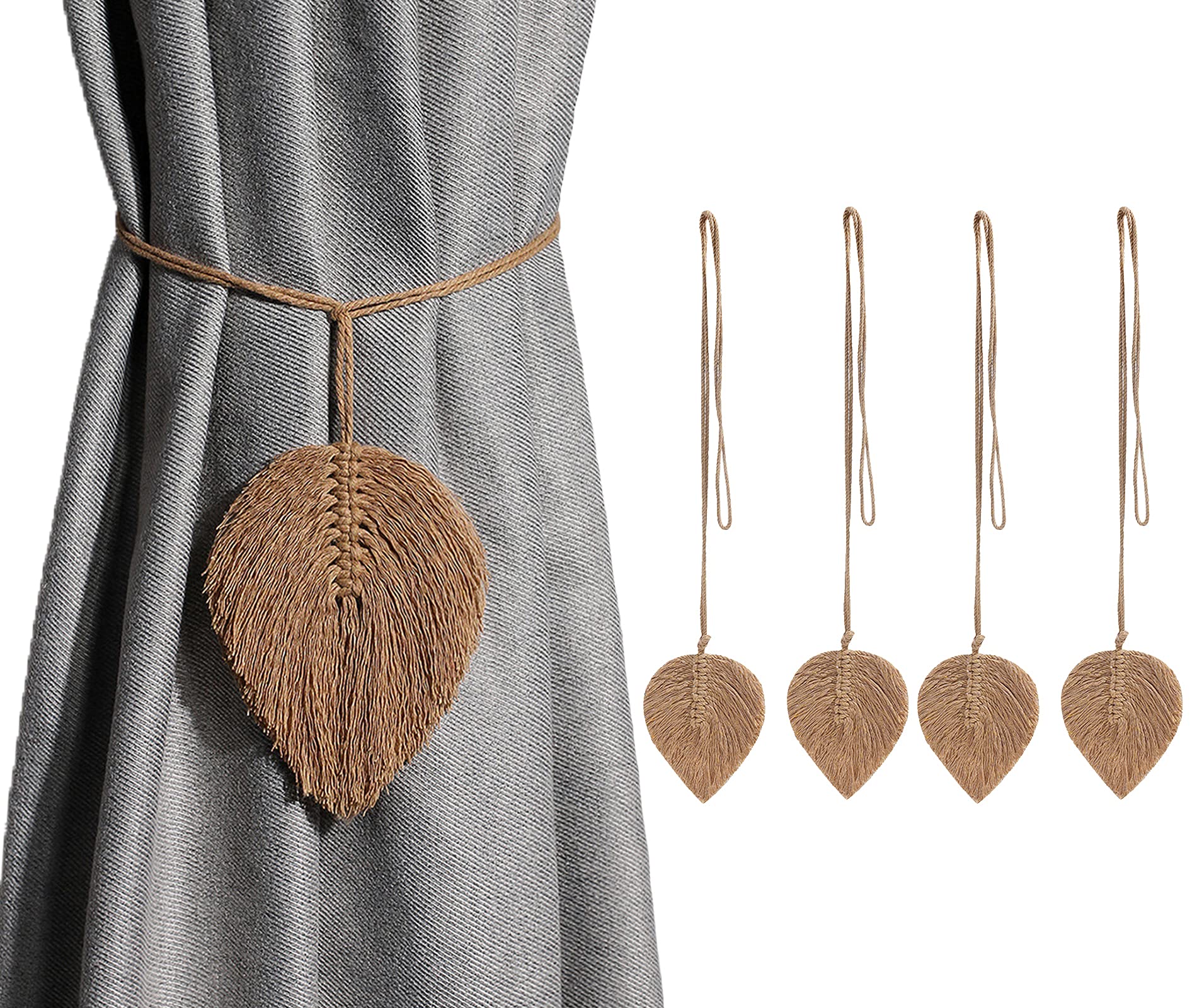 Loiahoer 4 Pcs Curtain Tiebacks,Leaf Curtain Tie Backs Hooks Clip Rope Holder Buckle Handmade Weaving Bohemian Tassel Holdbacks,Curtains Decoration for Home/Living Room/Bedroom/Office/Bathroom,Brown
