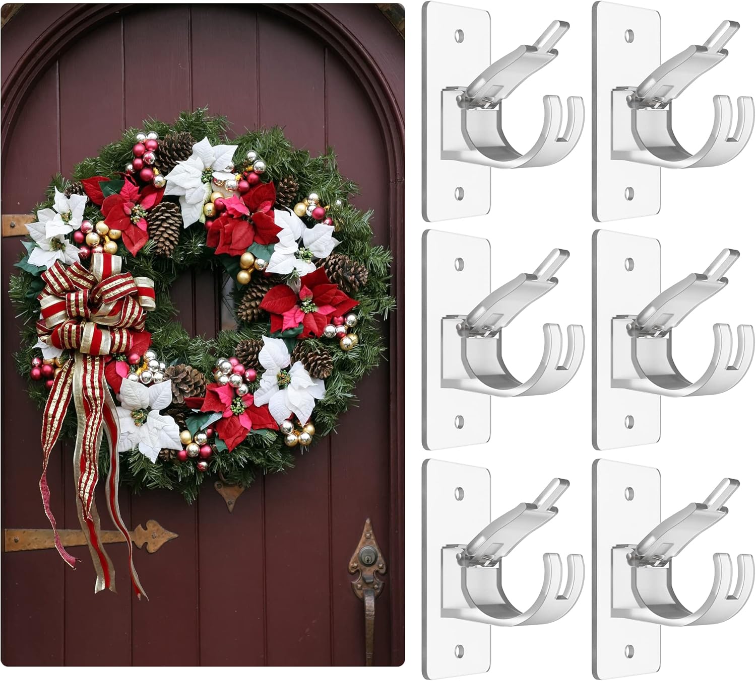 Wreath Hangers - Little Joke 6-Pack Wreath Hanger for Front Door, Fixed Wreath Damage Free Self Adhesive Hanging Christmas Wreath Halloween Decor, Hooks for Hangings on Glass, Iron, Wooden Doors (Transparent)