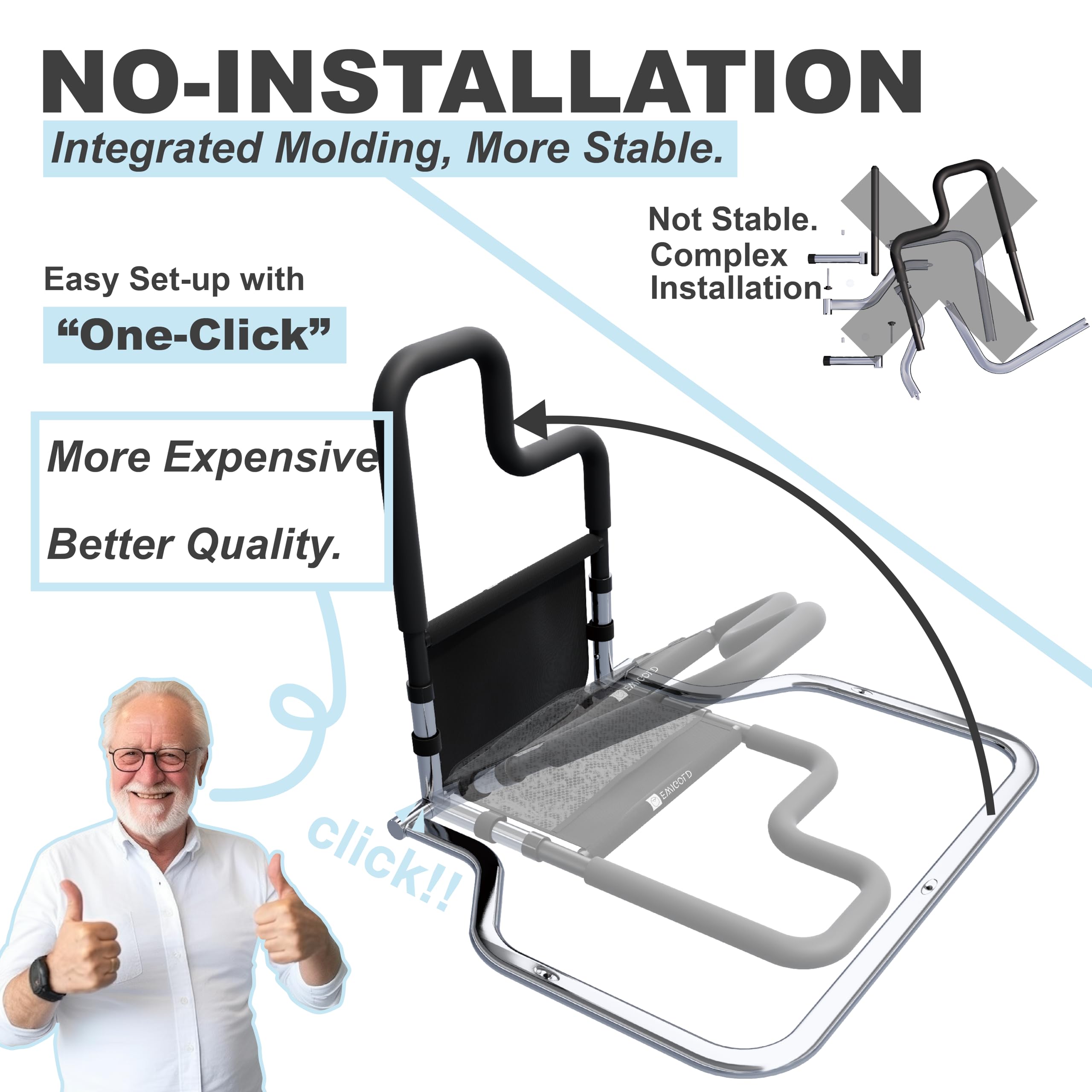 Dual-Bar Bed Rails for Elderly Adults Safety - Bed Rails with Height-Adjustable Handle - Bed Assist Rail with Storage Pocket - No Installation at All - Fit King, Queen, Full, Twin