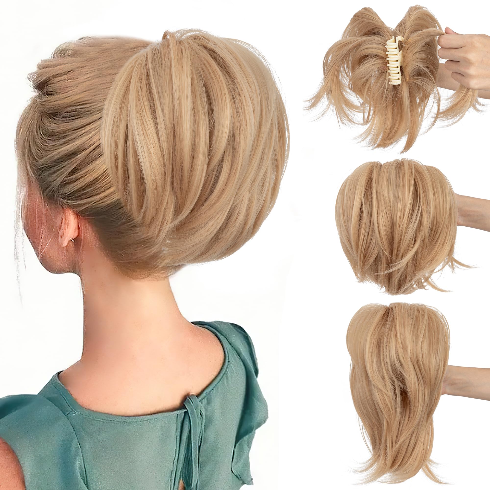SEGO Messy Bendable Claw on Ponytail Hairpiece Synthetic Fluffy Hair Extension Clip in Jaw with 4 Bendable Metals, Ash Blonde