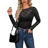 AISEW Womens Lace Floral Long Sleeve Mesh Tops Round Neck Sheer Blouse Sexy See Through Layering Top Shirts