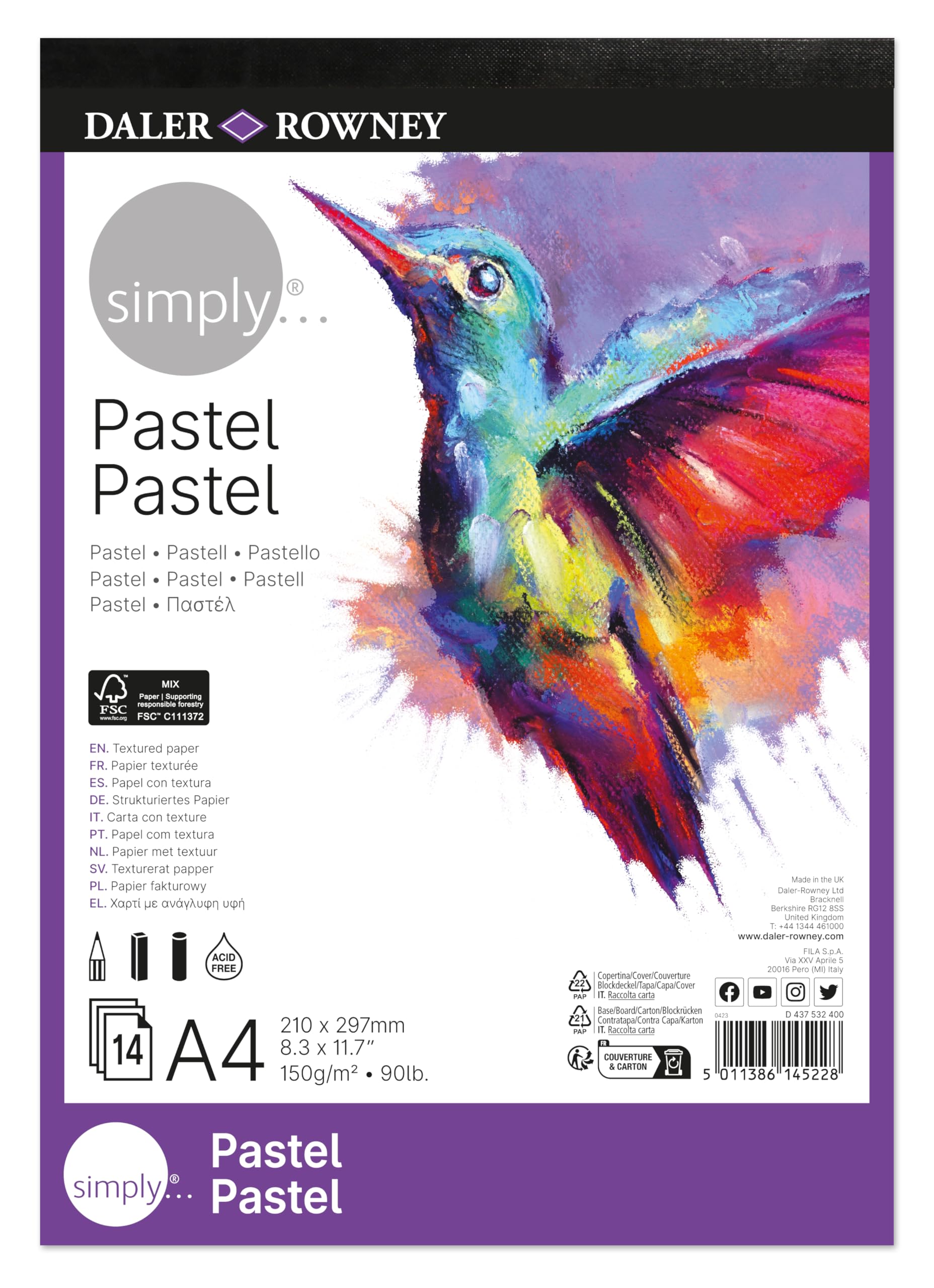 Daler-Rowney Simply Pastel Paper Pad, A4, 150gsm, 14 Sheets, Drawing & Sketching, for Entry-Level Artists & Hobbyists