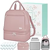 Breast Pump Bag with Insulated Cooler, Double-Layer Pumping Bag for Work & Travel, Fits Most Electric Breast Pumps, Includes 10 Ice Packs & Waterproof Mat, Detachable Bottle Cooler Tote, Pink