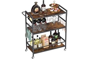 EasyCom Bar Cart with Wheels, Bar Carts for The Home, 3 Tier Rolling Bar Cart with Wine Rack and Glass Holder, Home Bar & Serving Carts, Wine Cart, Drink Cart for Living Room Dining Room, Rustic Brown