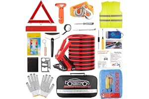 CYECTTR Car Roadside Emergency Kit,Auto Vehicle Truck Safety Emergency Road Side Assistance Kits with Jumper Cables,Safety Hammer,Reflective Warning Triangle,Tire Pressure Gauge,Tow Rope,etc