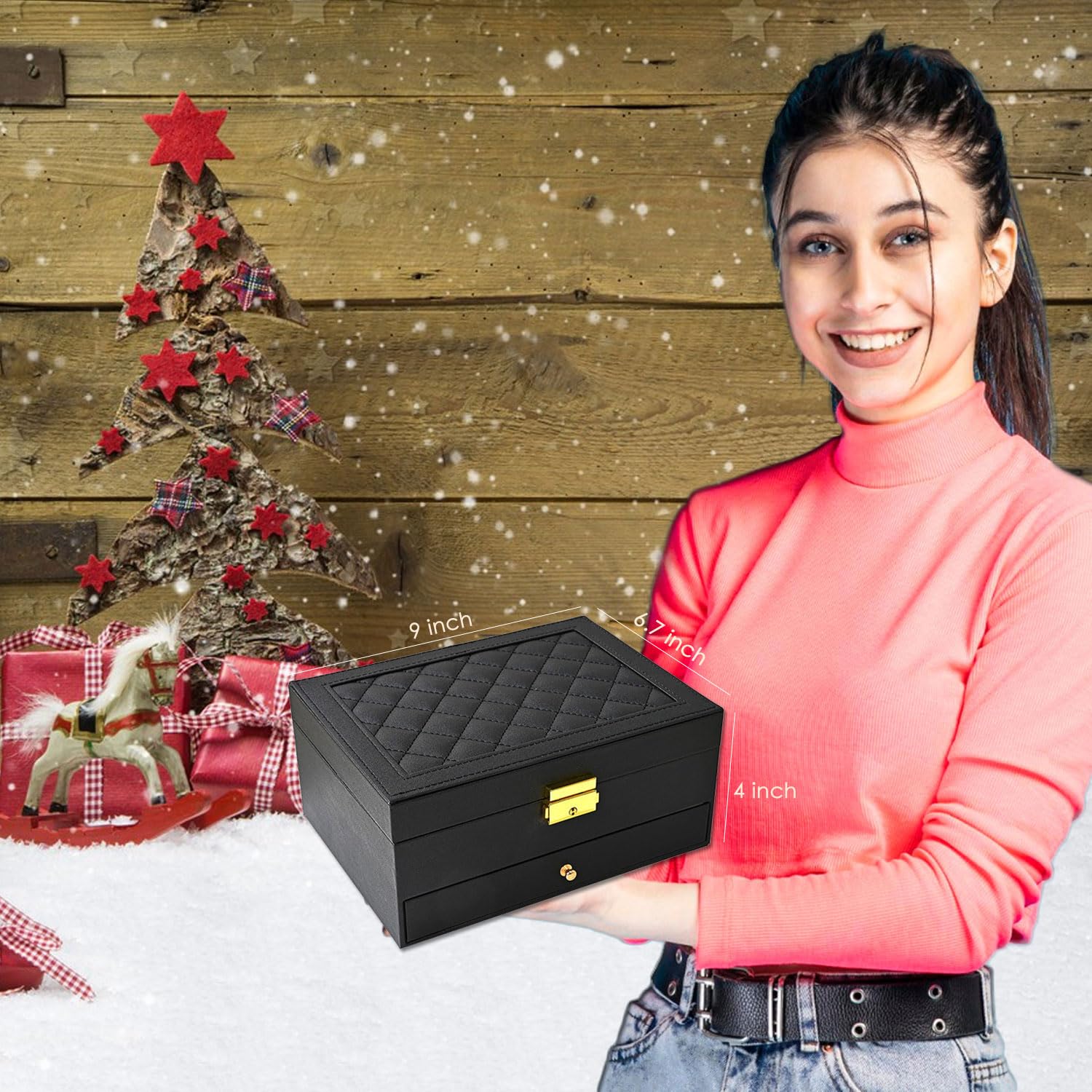 GUOER GUOER Jewelry Box for Women Girl Wife - Large PU Leather Jewelry Organizer Storage Case with Two Layers Display for Earrings Bracelets Rings Watches (Black)