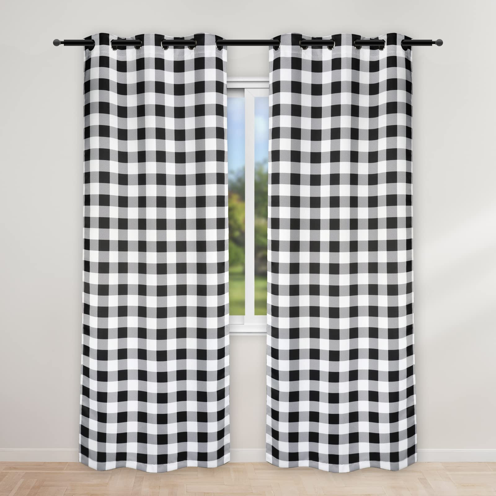 Simple Deluxe Buffalo Check Blackout Curtains Panels for Living Room, Bedroom Farmhouse Courtyard Style Room Darkening Thermal Insulated Plaid Grommet Curtain, 37" W x 84" L, Black and White — image 1