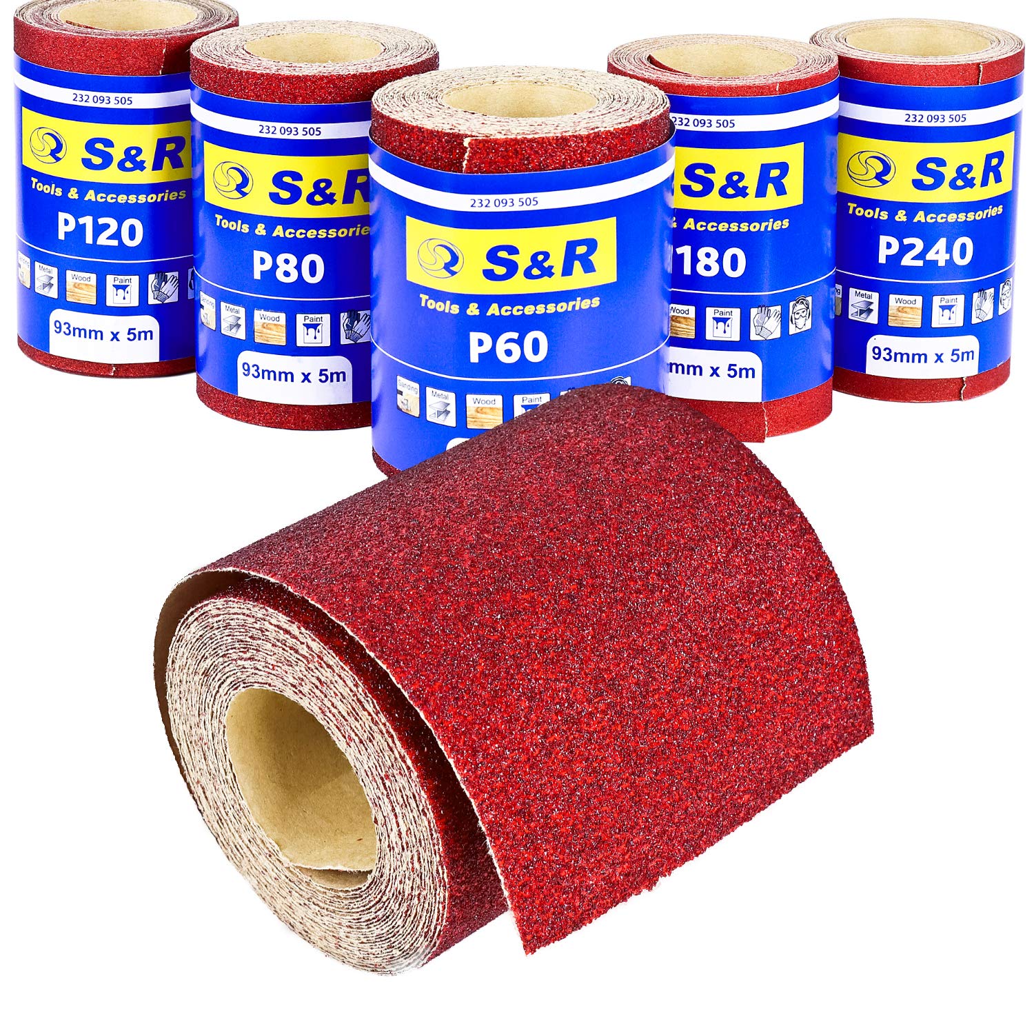 S&R Sandpaper Roll Set – 5 Rolls, 93mm x 5m, Grit 60/80/120/180/240 – For Wood, Metal, Steel, Stainless Steel