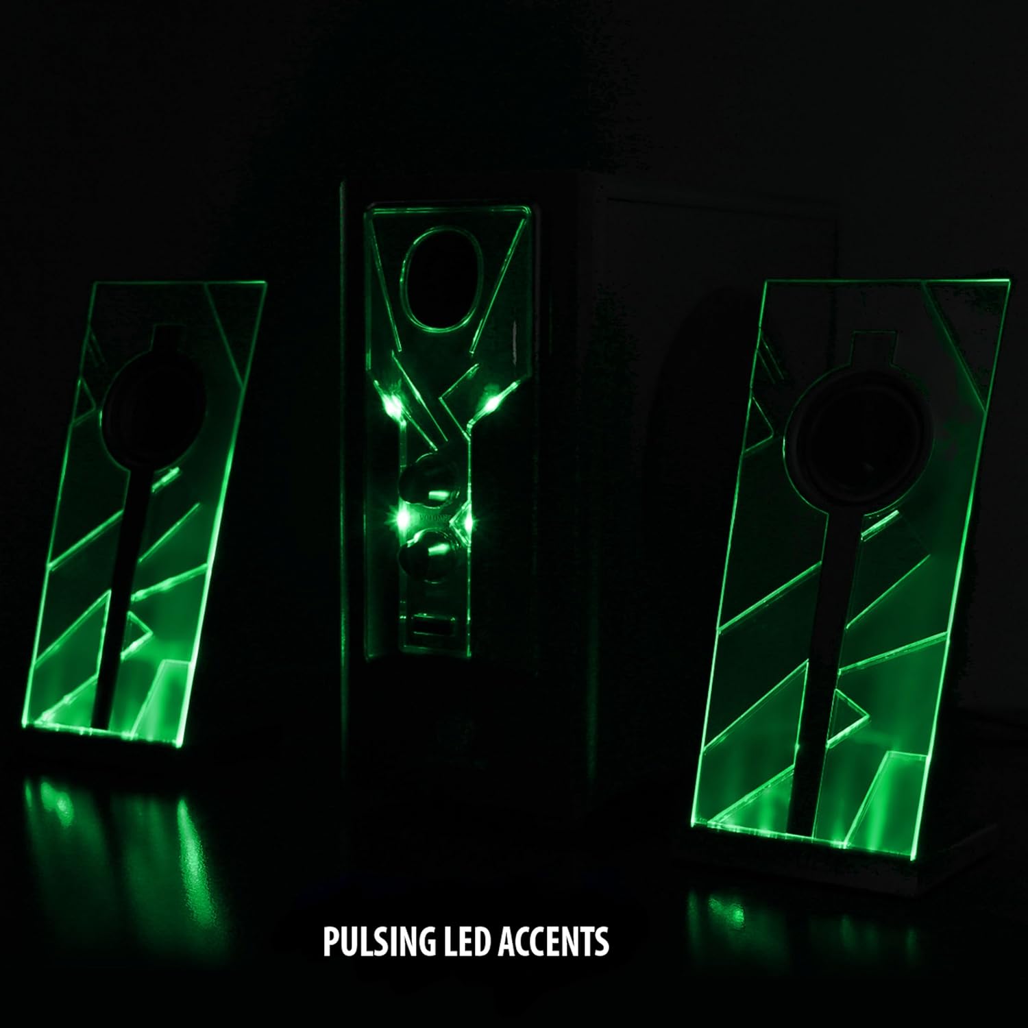 GOgroove BassPULSE 2.1 LED Satellite Stereo PC Computer Gaming Speakers with Green Glow Lights - Image 3