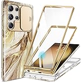 GVIEWIN for Samsung Galaxy S23 Ultra Case with Slide Camera Cover, [Built-in Screen Protector] [2 Front Frames] Military Grade Shockproof, Marble Phone Case Fit S23 Ultra 6.8", Topaz/Gold