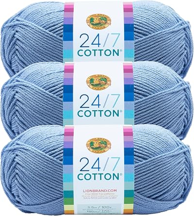 Lion Brand 24/7 Cotton Yarn Sky 3 Pack 100% Mercerized Cotton 185 yd