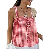 SOLY HUX Women's Plaid Gingham Tank Tops Bow Tie Front Shirred Sleeveless Summer Going Out Top
