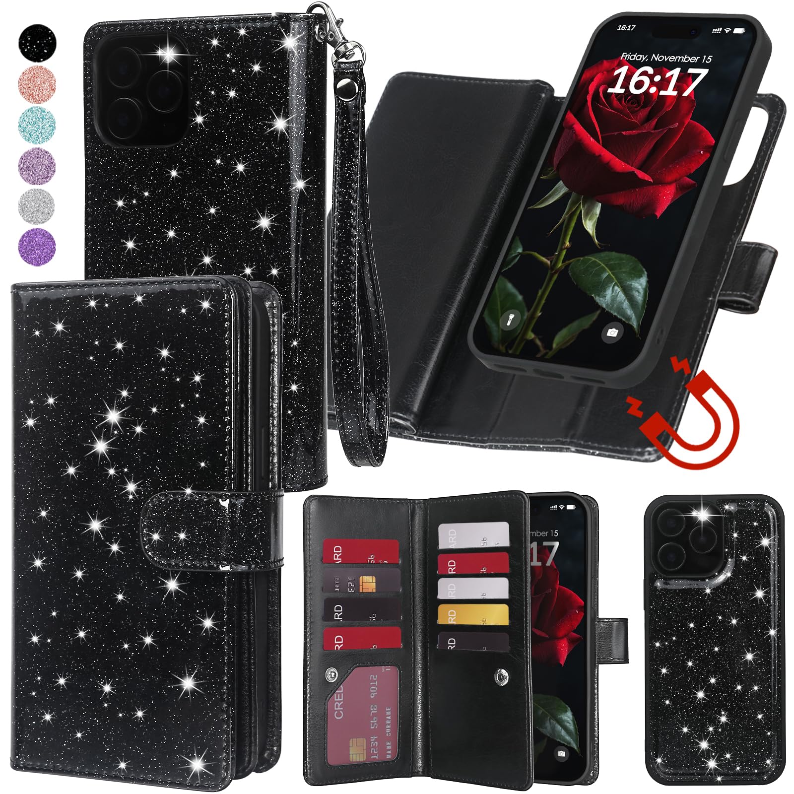 Photo 1 of Varikke for iPhone 13 Pro Max Wallet Case Detachable with Card Holder for Women, Fashion Glitter PU Leather Strap Magnetic Flip Wallet Removable Phone Case Cover for iPhone 13 Pro Max 6.7", Black