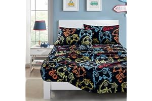 Chezmoi Collection 4-Piece Kids/Teens Gamer Sheet Set - Soft Microfiber Multi-Color Video Games Gamepad Whimsical Fun Kids Sheets, Queen Size