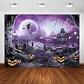 Avezano 7x5ft Purple Halloween Backdrop Spooky Photography Background | Polyester Fabric, Full Moon Castle Pumpkin Witch Bat Print, Halloween Cemetery Party Photo Booth Wall Decor Banner