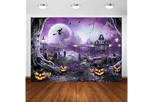 Avezano Halloween Photography Backdrop Full Moon Scary Night Castle Pumpkins Party Background Spooky Witch Bats Cemetery Child Kids Halloween Party Decorations Photoshoot Backdrops (7x5ft, Purple)