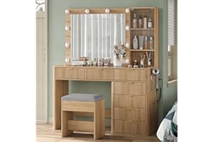 7 Drawers Vanity Desk, Makeup Vanity with Power Oultlet, Fluted Vanity with 10 LED Lights and Mirror, 3 Lighting Modes Adjust