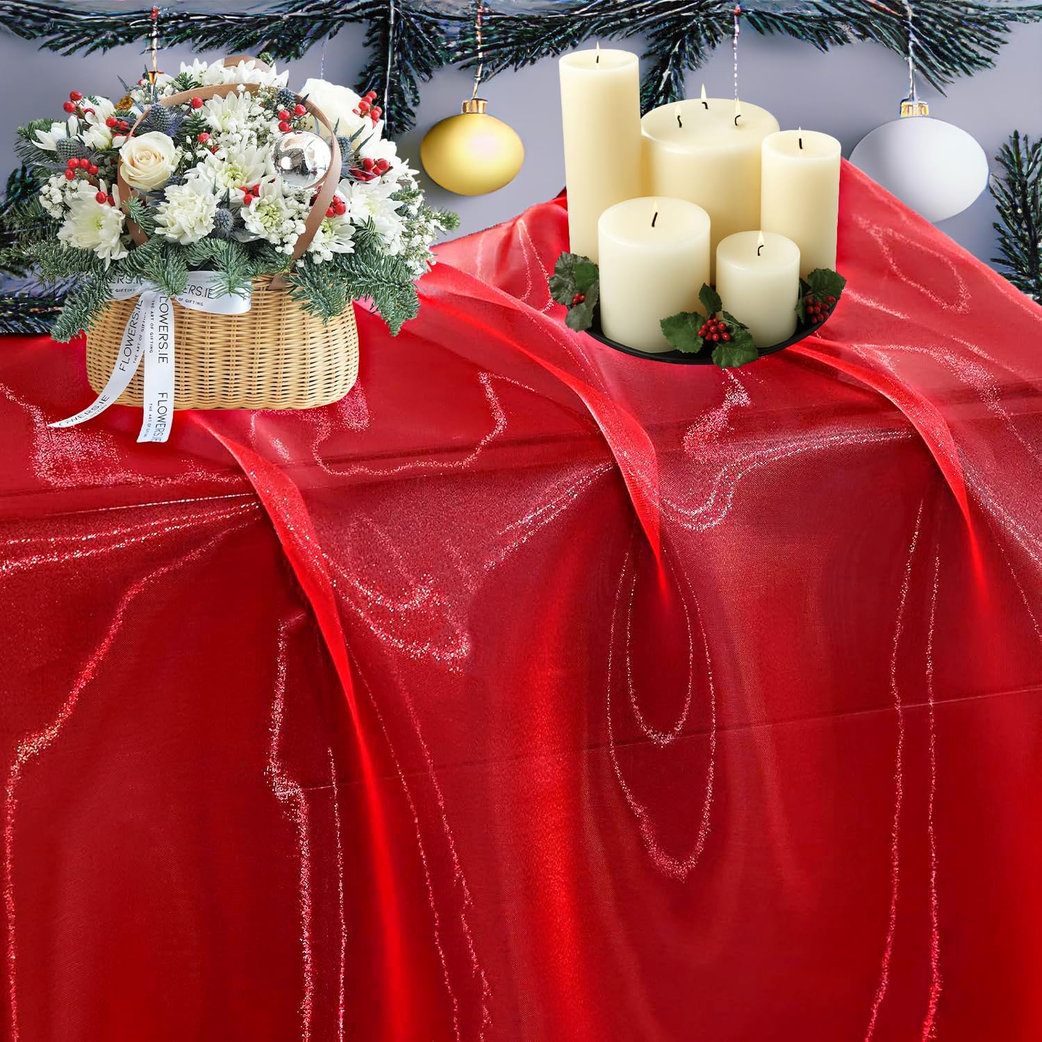 MDS Pack of 5 Yard Sheer Organza Fabric for Wedding Party Home Event Banquet Decorations, Backdrop Curtain Craft Dress Sewing Fashion DIY Crystal Organza Tulle Fabric Bolt 44” Wide - Red