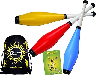 Juggle Dream Trainer Jonglierkeulen 3er-Set (Blau/Rot/Gelb) Jonglier Keulen Training Set + Mr Babache Keulen-Booklet + Flames N Games Reisetasche! Große Jonglierkeule Set für Kinder & Erwachsene!