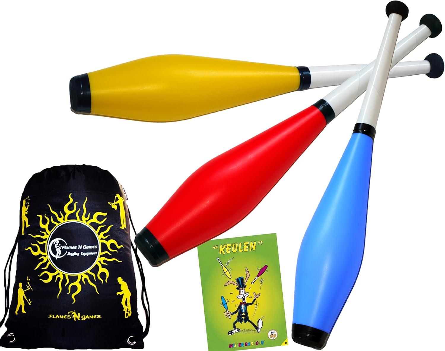 Juggle Dream Trainer Jonglierkeulen 3er-Set (Blau/Rot/Gelb) Jonglier Keulen Training Set + Mr Babache Keulen-Booklet + Flames N Games Reisetasche! Große Jonglierkeule Set für Kinder & Erwachsene!