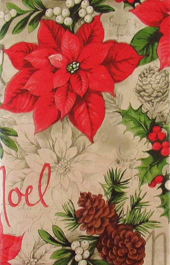 Amazon Com Noel Poinsettias Christmas Holly Mistletoe Pine Cones Vinyl Flannel Back Tablecloth 60 X 84 Oval Home Kitchen