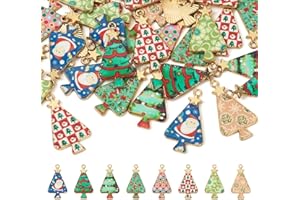 FASHEWELRY 30Pcs Christmas Tree Charms Bulk Assorted Golden Alloy Enamel Charm Xmas Pendants Hang Ornaments Christmas Charms 