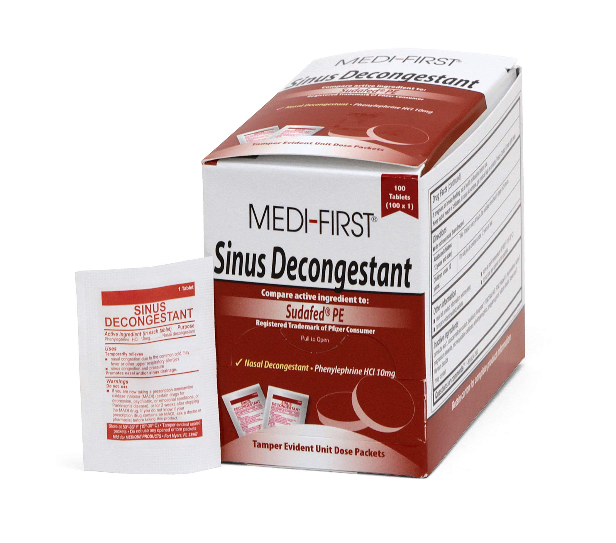 Photo 1 of Medique Products Medi-First 80933 Sinus Decongestant, 100-Packets of 1 (Packaging may vary) , Red