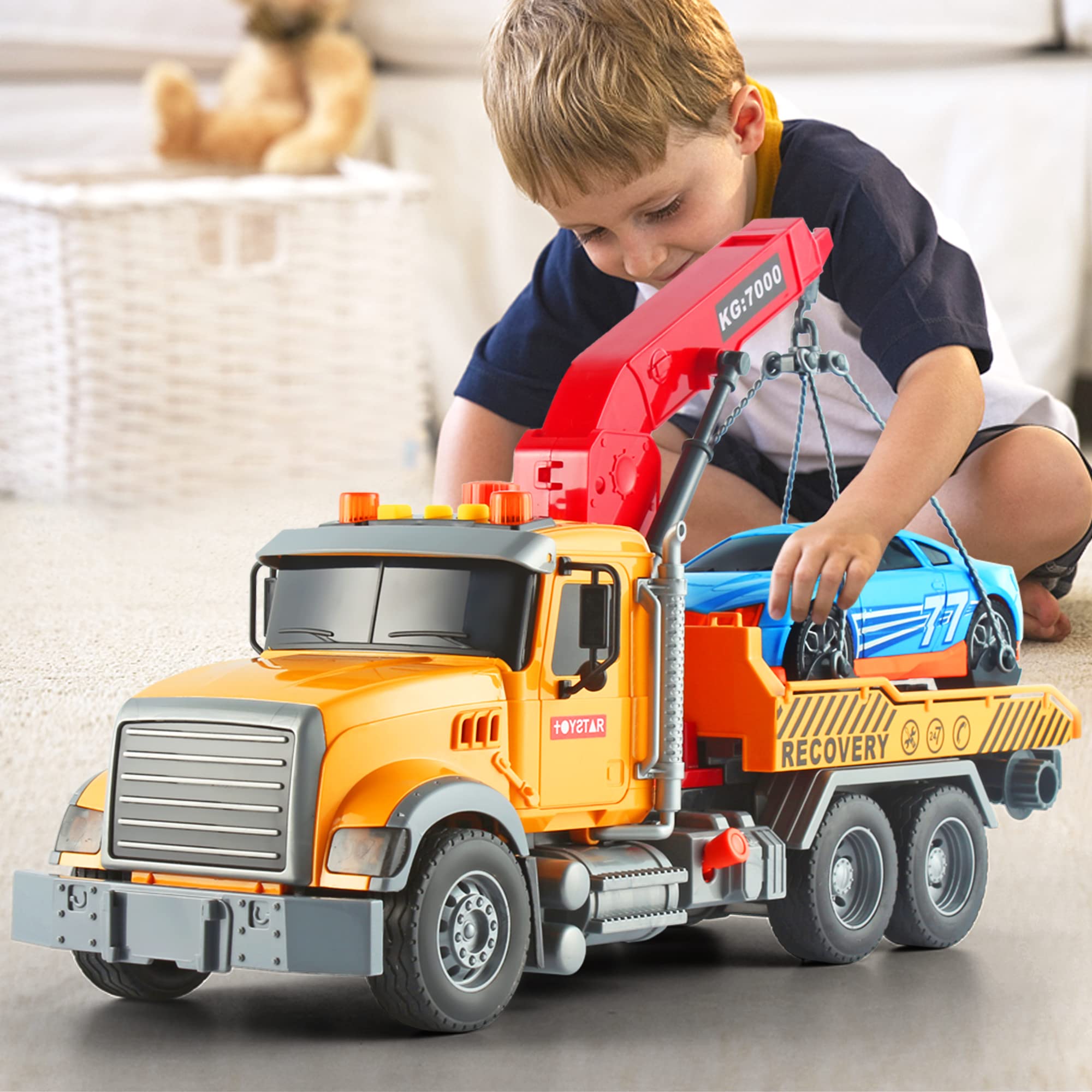 Photo 1 of Dwi Dowellin Kids Toys for 3 4 5 6 7 Years Old Boys, 15" Large Tow Truck Toy,Friction Powered Transport Truck Crane Toy with Lights and Sounds,with Roadster,Toddlers Gifts